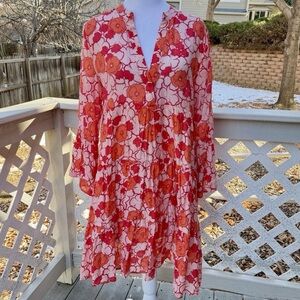 Choklate Paris Floral Flare Sleeve silk Blend Dress‎ S Knee Length V Neck Orange